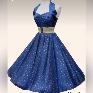 Vivien of Holloway 1950s Halter Navy Satin Small Gold Stars Dress(sizeUK18/US14)